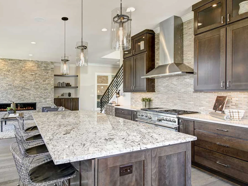 Beautiful granite countertop in open plan kitchen